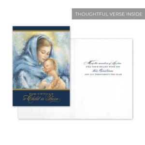 Masterpiece Religious Madonna And Child Christmas Cards / 16 Boxed Christian Holiday Card Set With Gold Foil Accents And Foil Lined Envelopes / Mary Jesus Holy Family Cards / 5 5/8" x 7 7/8" Folded Greeting Cards With Inside Verse