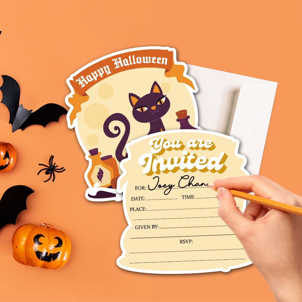 Deluxe Halloween or Costume Party Invitations, 25 Shape Fill-in Cards with Envelopes, Pumpkin, Ghost, Monster, Cute Trick or Treat, Box or Treat for Kids Birthday or Adult party - 4"X6" (JRM378)