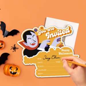 Deluxe Halloween or Costume Party Invitations, 25 Shape Fill-in Cards with Envelopes, Pumpkin, Ghost, Monster, Cute Trick or Treat, Box or Treat for Kids Birthday or Adult party - 4"X6" (JRM376)