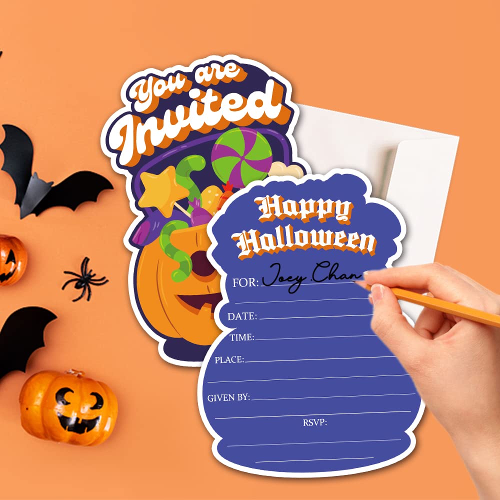 Deluxe Halloween or Costume Party Invitations, 25 Shape Fill-in Cards with Envelopes, Pumpkin, Ghost, Monster, Cute Trick or Treat, Box or Treat for Kids Birthday or Adult party - 4"X6" (JRM373)