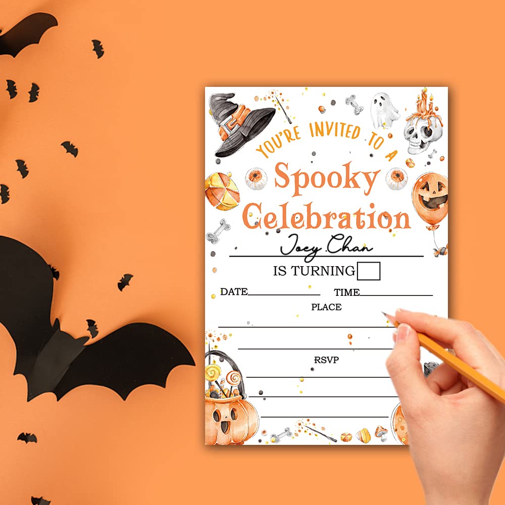 Deluxe Halloween or Costume Party Invitations, 25 Fill-in Cards with Envelopes, Pumpkin, Ghost, Monster, Cute Trick or Treat, Box or Treat for Kids Birthday or Adult party - 4"X6" (JRM347)