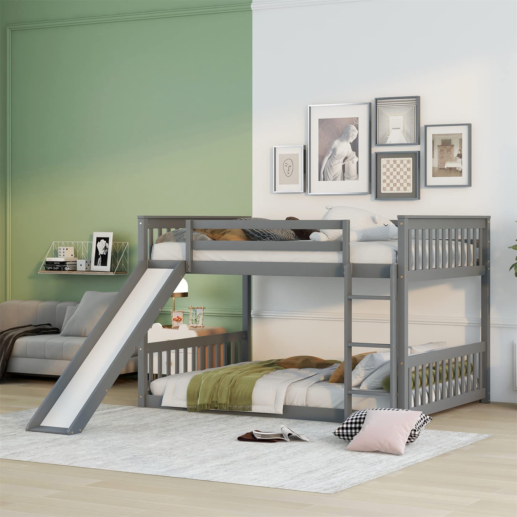 Bellemave Full Over Full Low Bunk Bed with Slide Wood Floor Bunk Beds with Ladder for Kids Boys Girls Teens, Gray