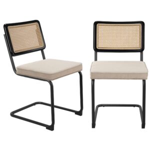 meetleisure patio dining chair set of 2 with cushion for outdoor mid-century modern chairs with metal chrome legs, armless mesh back cane chairs, home dining accent chairs, beige