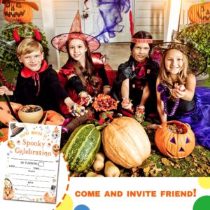 Deluxe Halloween or Costume Party Invitations, 25 Fill-in Cards with Envelopes, Pumpkin, Ghost, Monster, Cute Trick or Treat, Box or Treat for Kids Birthday or Adult party - 4"X6" (JRM347)