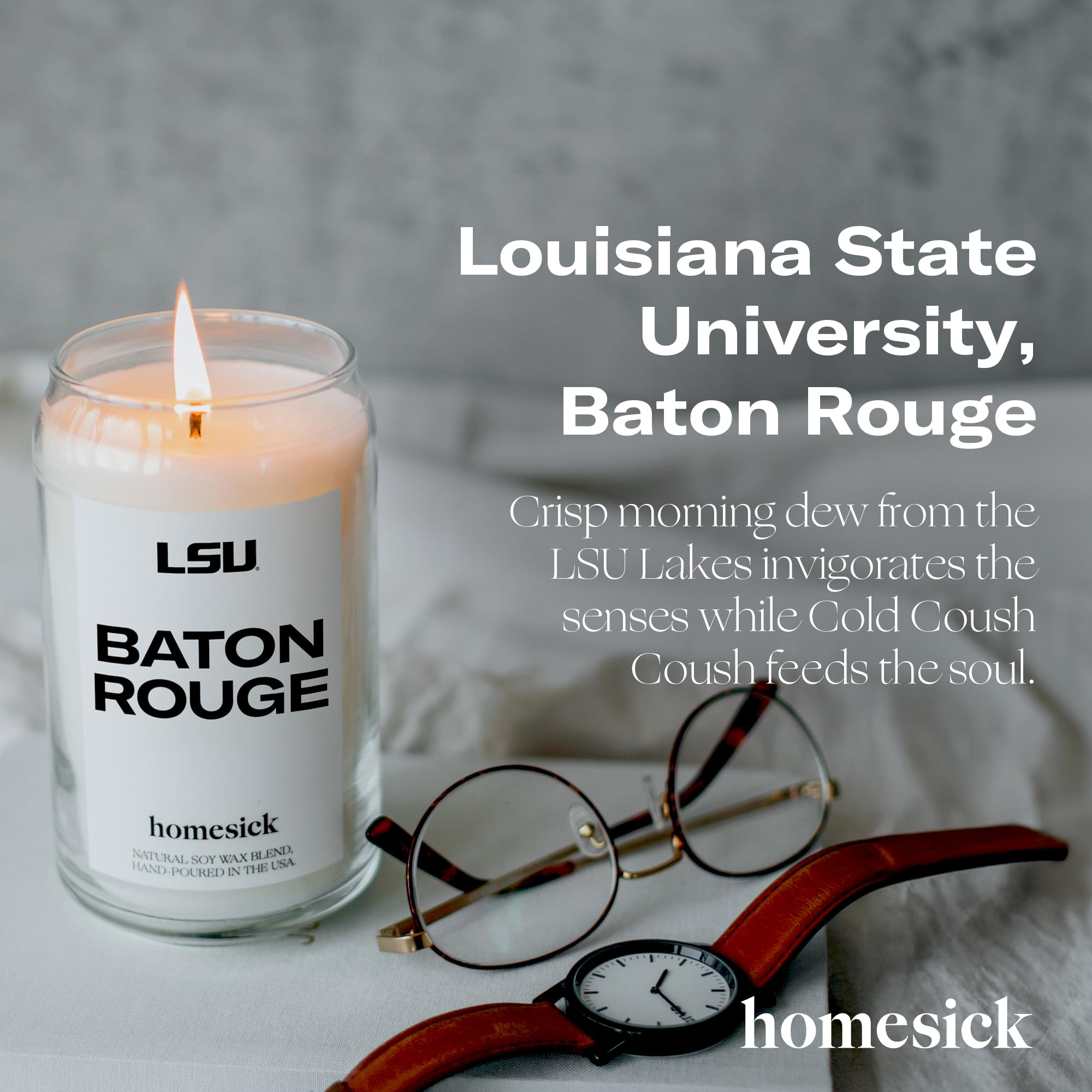 Homesick Scented Candles for Home (Louisiana State University, Baton Rouge) - 13.75 oz Long-Lasting Soy Wax Jar Candle, 60-80 Hours Burn Time - Notes of Morning Dew, Bergamot & Black Pepper