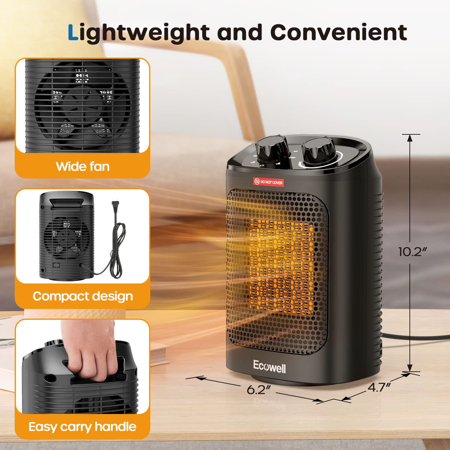 ECOWELL 1500W Portable Space Heater for Indoor Use, 60°Oscillating,Small Electric Heater Fan with Adjustable Thermostat, Safe and Quiet for Bedroom Office Desk, EHT110