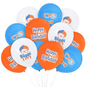 treasures gifted officially licensed blippi birthday party supplies - 12 pack - blippi balloons - latex blippi birthday decoration balloons - 12 inch happy birthday balloons in orange, blue & white