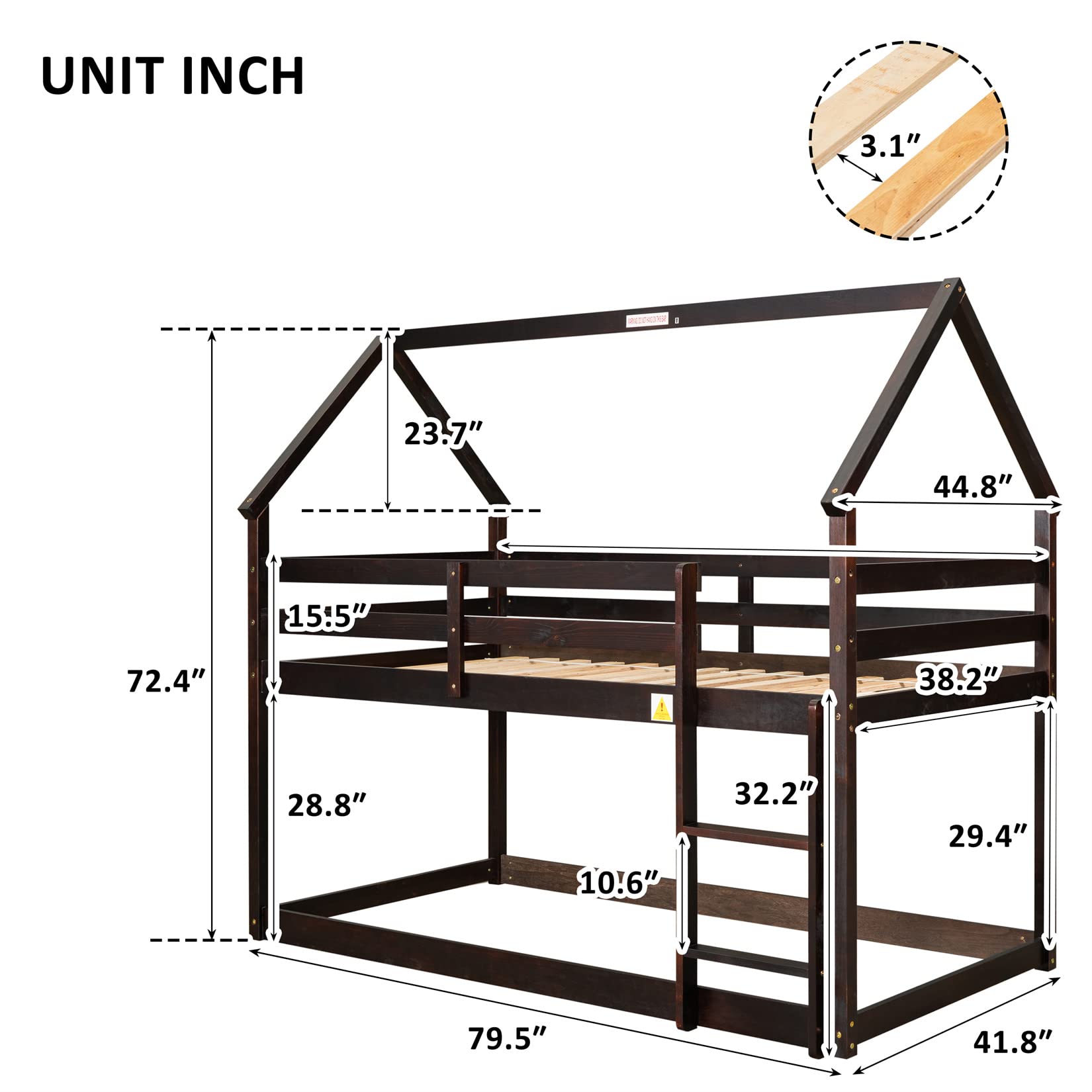 House Bunk Bed Twin Over Twin Floor/Low Bunk Bed Frame Wood Convertible Bunk Loft Beds for Kids Boys Girls Teens, Espresso