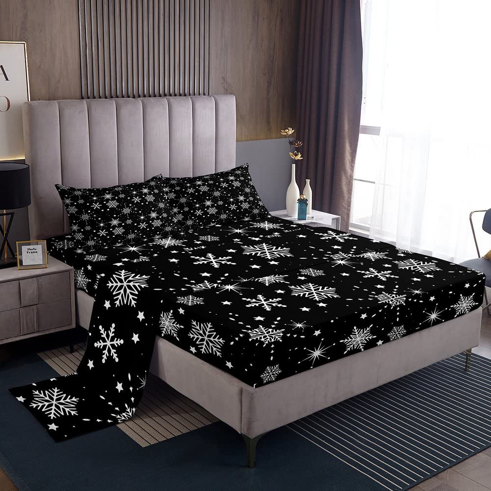 Erosebridal Christmas Bed Sheets Snowflakes Sheet Set for Kids Girls Boys Black and White Bed Sheet Set King Size Magical Glitter Star Flat Sheet Deep Pocket Room Decor with 2 Pillow Cases, Black