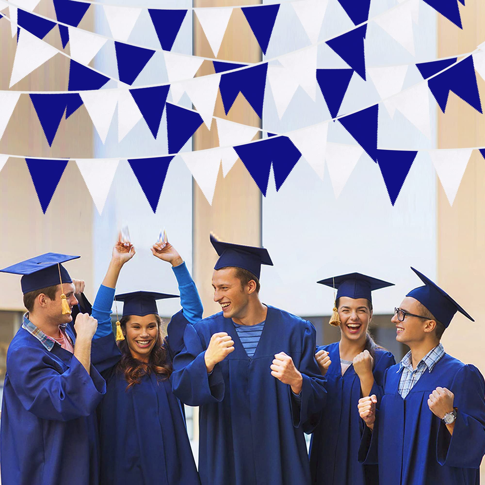 32Ft Royal Blue White Party Decorations Triangle Flag Pennant Bunting Fabric Garland for Wedding Birthday Ahoy Achor Nautical Pirate Bridal Baby Shower Under The Sea Party Festivals Decoration