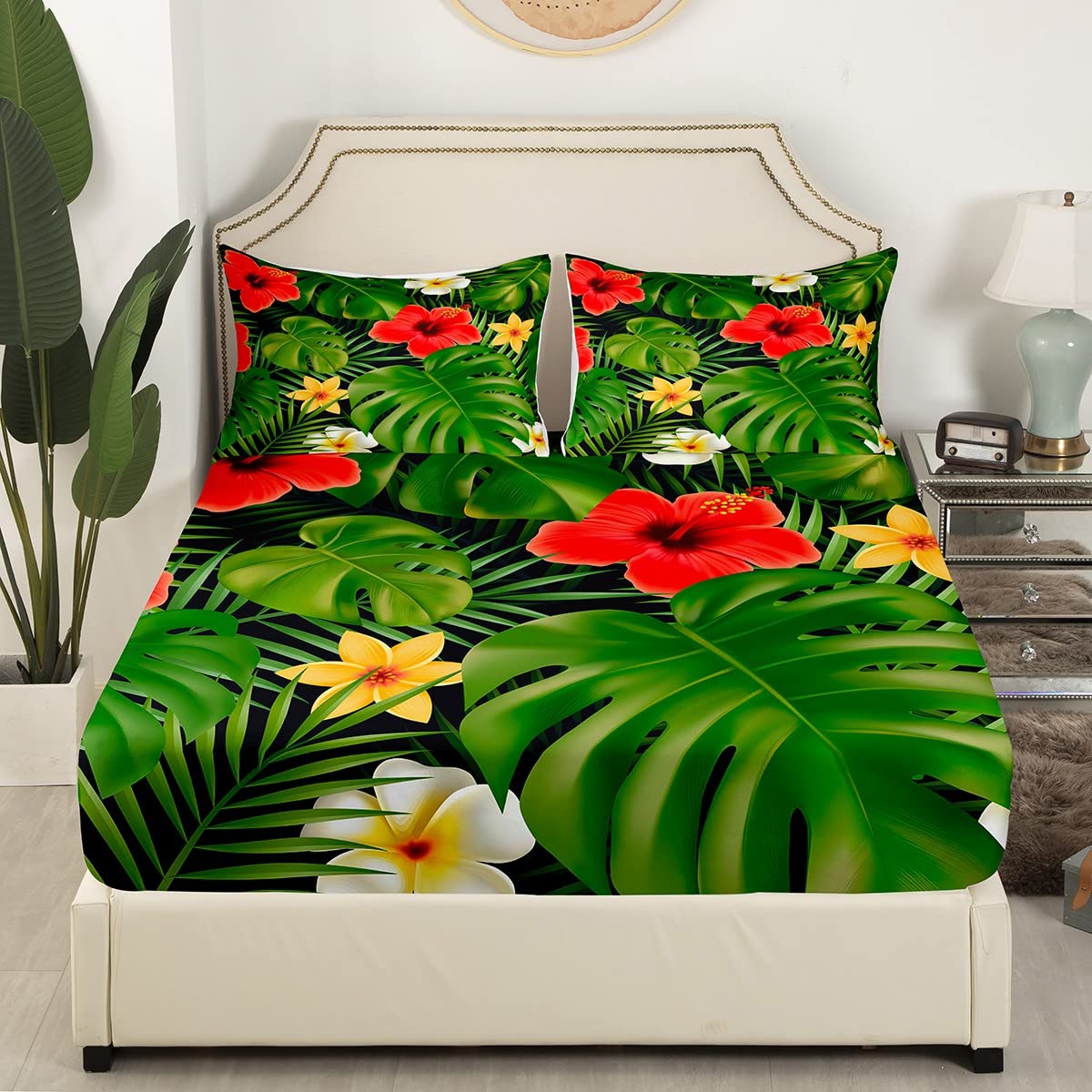 Tropical Palm Sheet Set for Kids Boys Girls,Green Red Yellow White Flower Leaf Bed Sheets Twin,Hawaii Vacation Bedding Set,Botanical Floral Fitted Sheet Deep Pocket + Flat Sheet + 1 Pillowcase