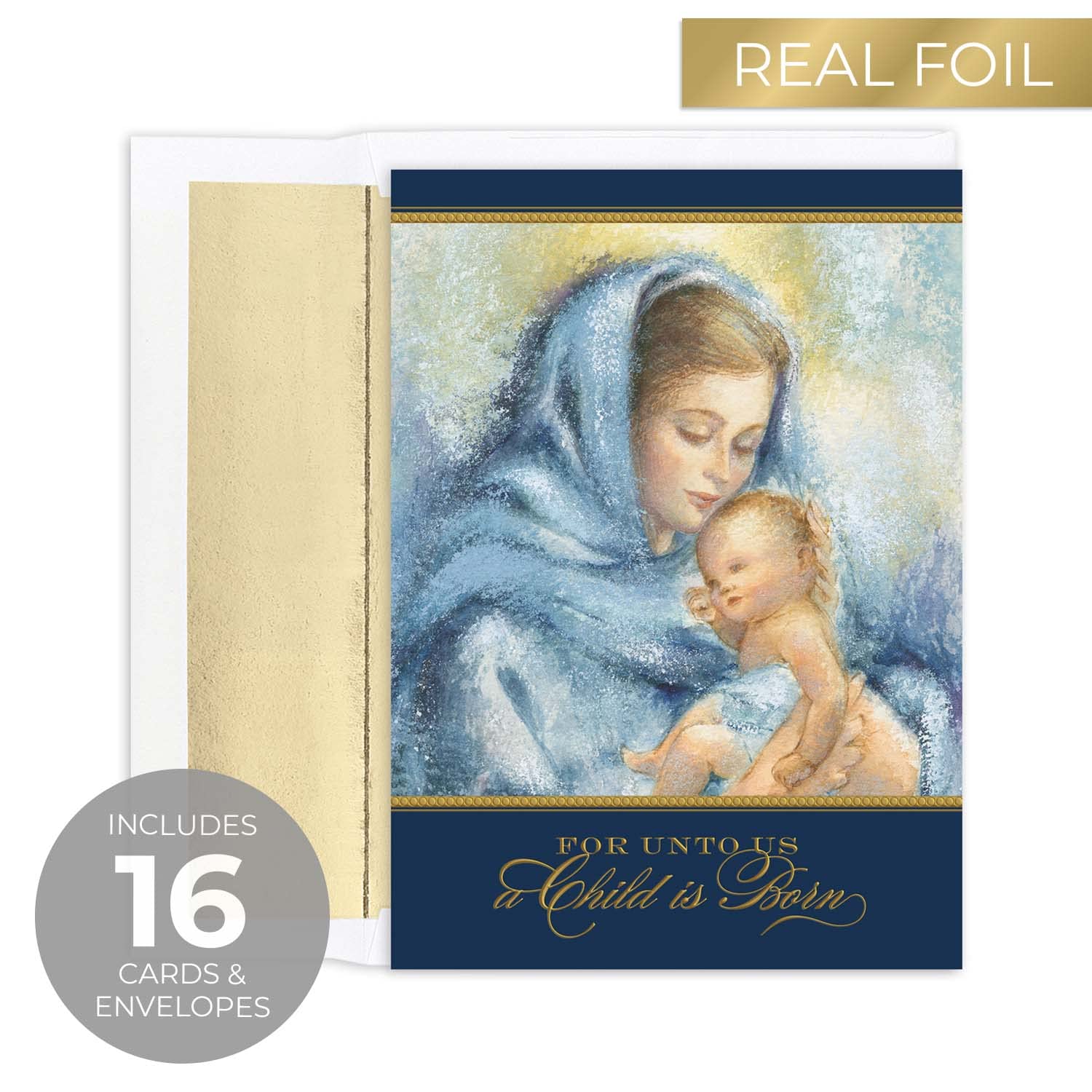 Masterpiece Religious Madonna And Child Christmas Cards / 16 Boxed Christian Holiday Card Set With Gold Foil Accents And Foil Lined Envelopes / Mary Jesus Holy Family Cards / 5 5/8" x 7 7/8" Folded Greeting Cards With Inside Verse