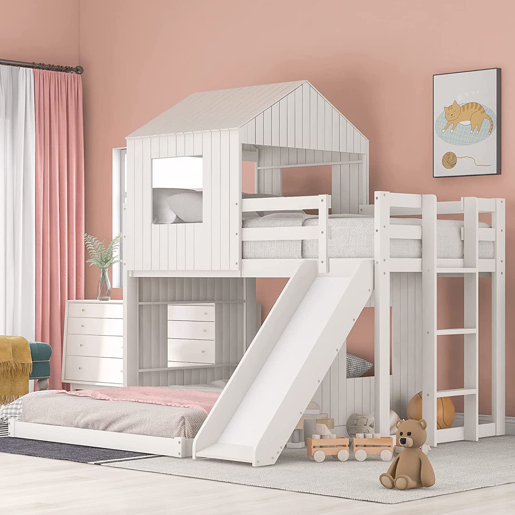 Harper & Bright Designs Twin Over Full House Bunk Bed with Slide and Roof, Wood House Bunk Bed with Ladder and Guardrails, Playhouse Bed for Kids Teens Girls Boys – White