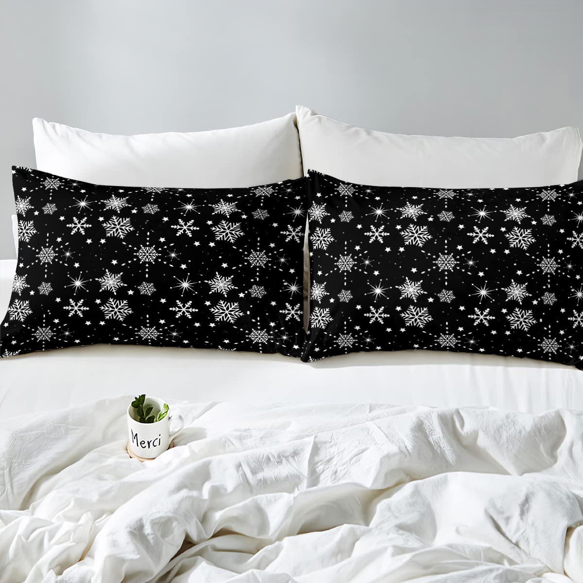 Erosebridal Christmas Bed Sheets Snowflakes Sheet Set for Kids Girls Boys Black and White Bed Sheet Set King Size Magical Glitter Star Flat Sheet Deep Pocket Room Decor with 2 Pillow Cases, Black