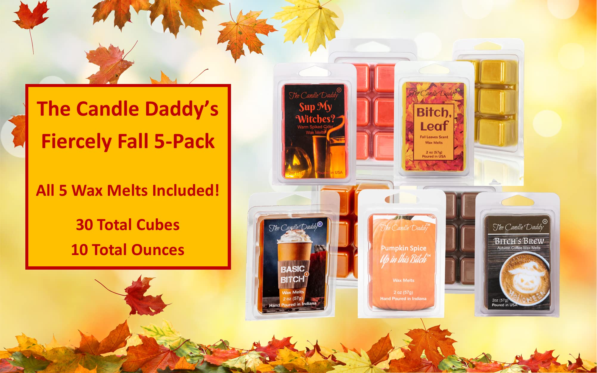 The Candle Daddy Fiercely Fall 5 Pack - 5 Amazing Autumn Wax Melts - 30 Total Cubes - 10 Total Ounces - Funny Fun Fall Aromas