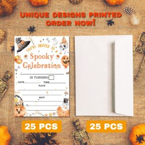 Deluxe Halloween or Costume Party Invitations, 25 Fill-in Cards with Envelopes, Pumpkin, Ghost, Monster, Cute Trick or Treat, Box or Treat for Kids Birthday or Adult party - 4"X6" (JRM347)