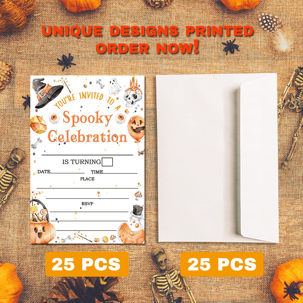 Deluxe Halloween or Costume Party Invitations, 25 Fill-in Cards with Envelopes, Pumpkin, Ghost, Monster, Cute Trick or Treat, Box or Treat for Kids Birthday or Adult party - 4"X6" (JRM347)