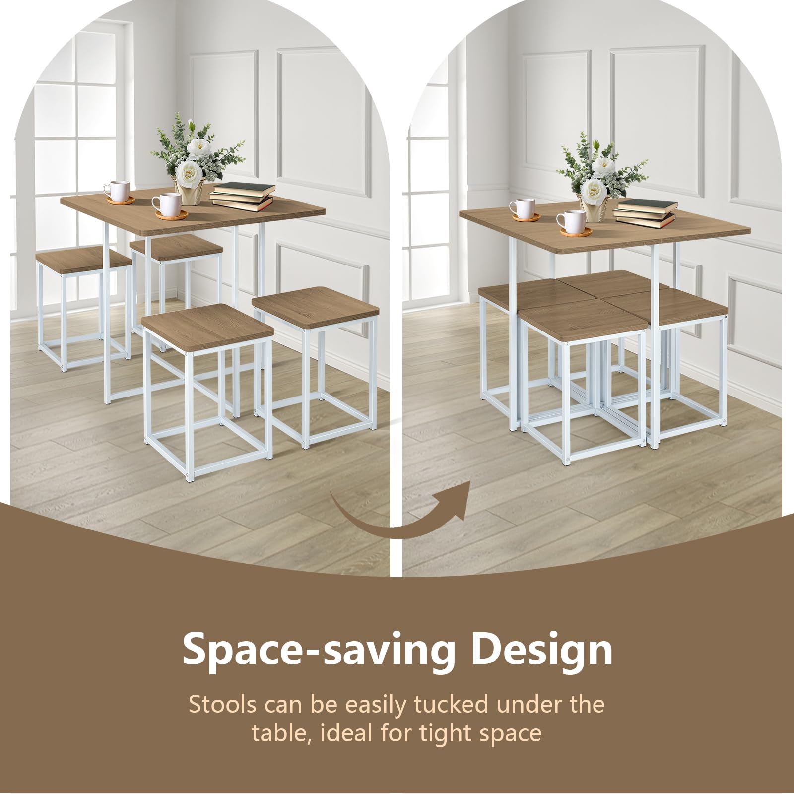 COSTWAY 5 Piece Dining Table Set, Counter Kitchen Table and Chair Set for 4 Includes 1 Square Table and 4 Stools, Space-Saving Pub Dining Set for Living Room, Breakfast Nook, Coffee Shop (Natural)