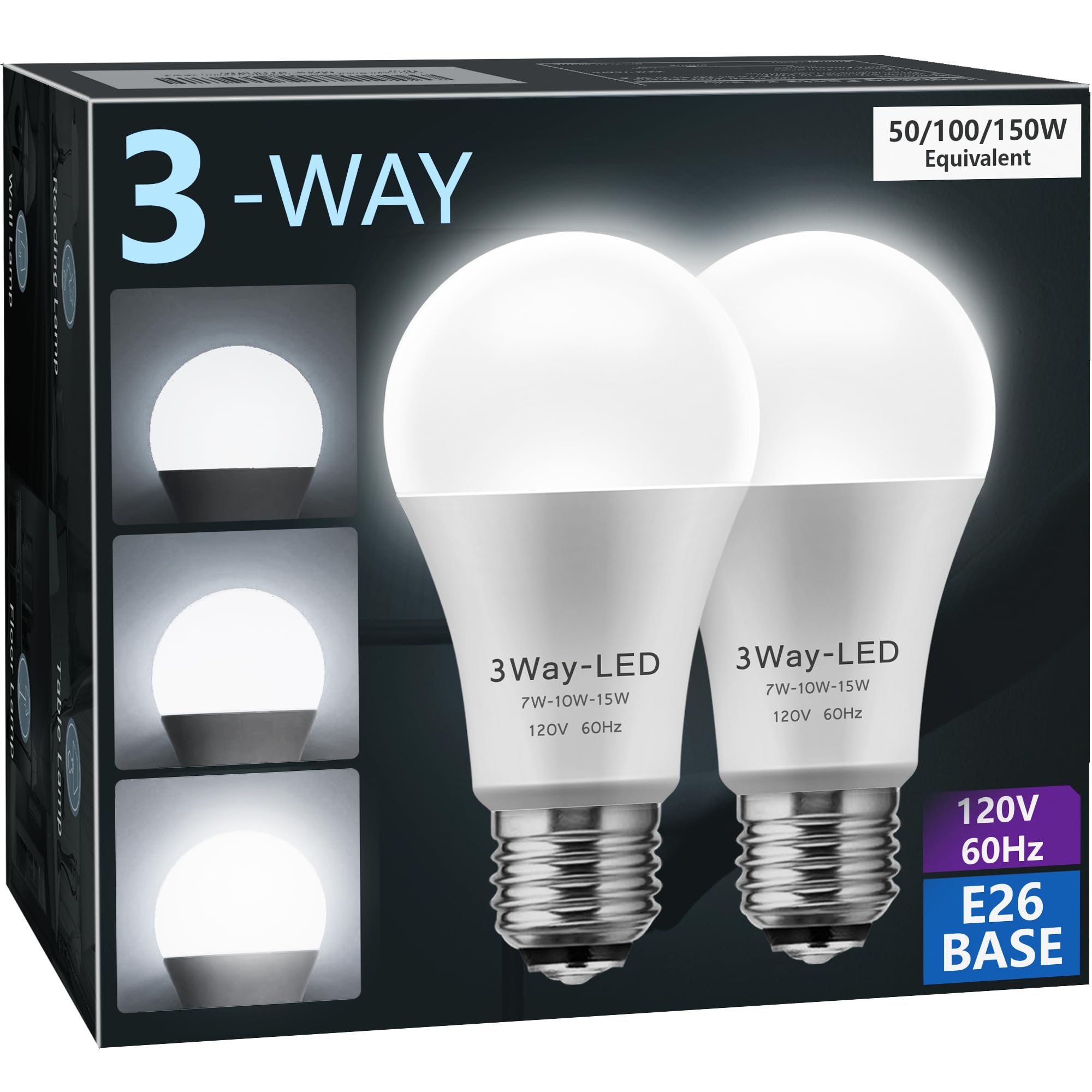 LED Light Bulbs, 𝟑 𝐖𝐚𝐲 𝐋𝐄𝐃 𝐋𝐢𝐠𝐡𝐭 𝐁𝐮𝐥𝐛𝐬 50 100 150W Equivalent, Briignite 3 Way Light Bulbs, Three Way A19 Light Bulbs E26 Medium Base, Daylight White 5000K, 500lm-1000lm-1500lm, 2Pack