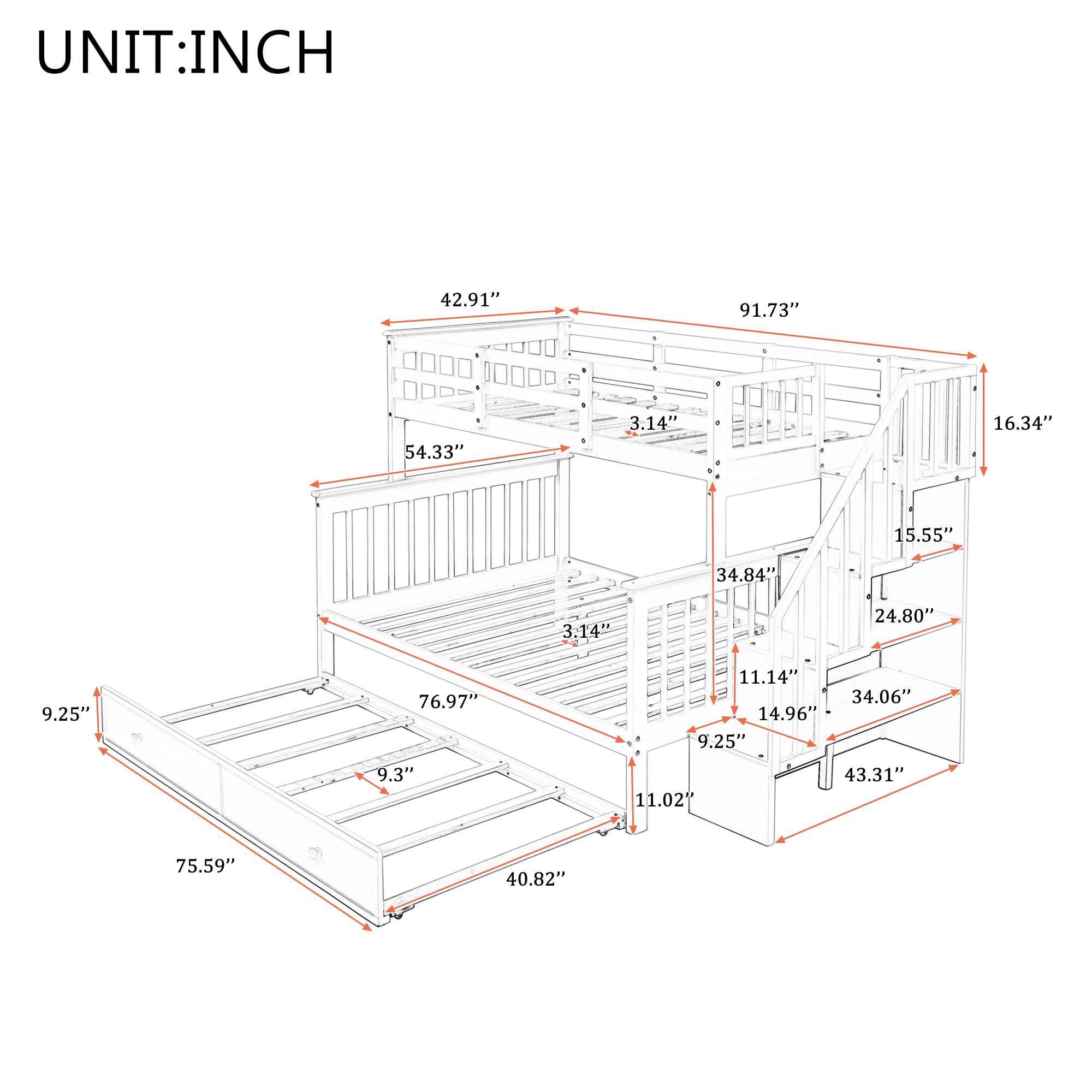 Twin Over Full Bunk Bed with Stairs and Trundle Wood Stairway Bunk Beds with Storage Shelf for Kids Boys Girls Teens, Espresso