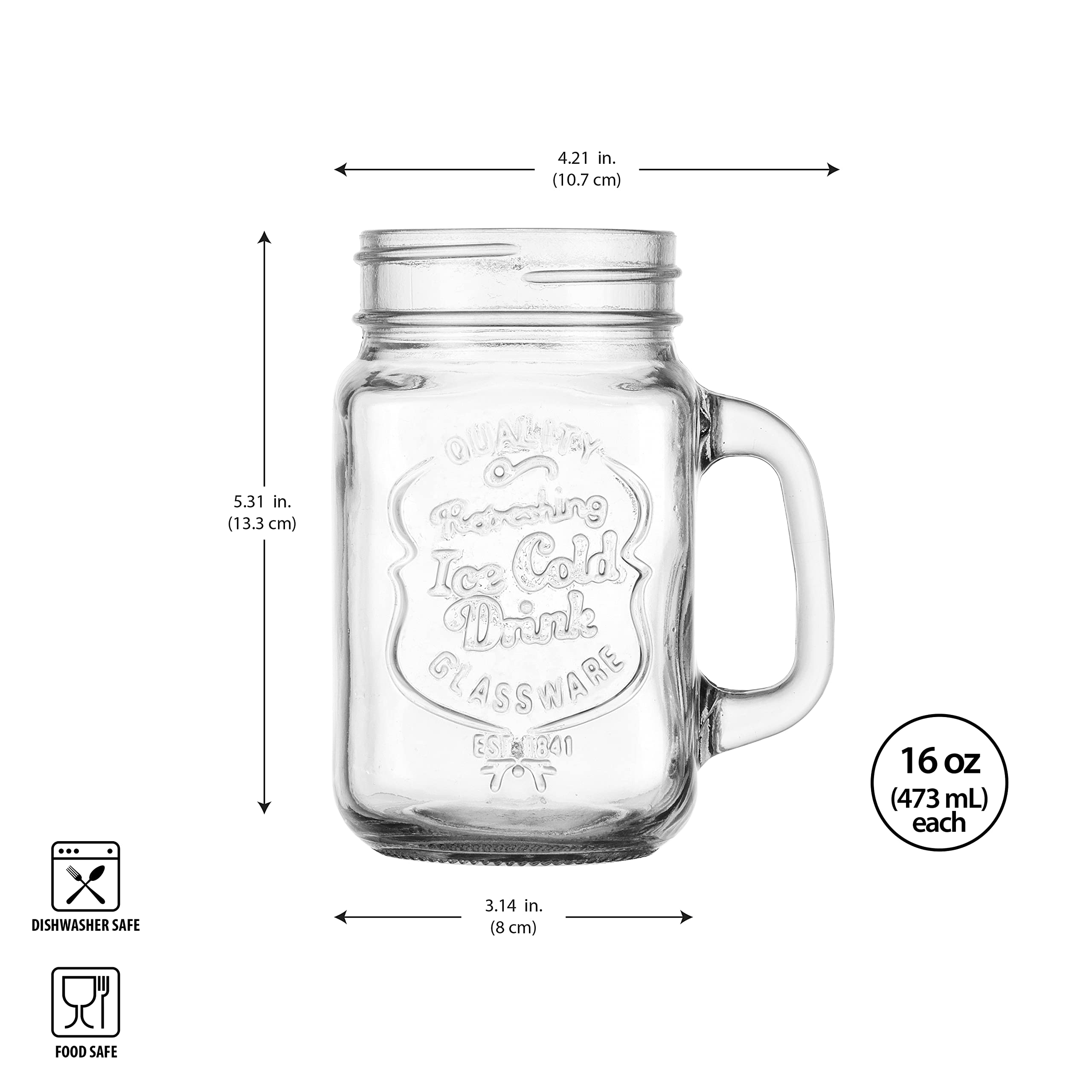 Glaver's Mason Drinking Jars – Set of 4, 16 Oz Clear Glass Jars – With Convenient Handle and Ice-Cold Embossed Logo – Ideal for Hot and Sunny Days – Perfect Glass Cups for Cold Drinks