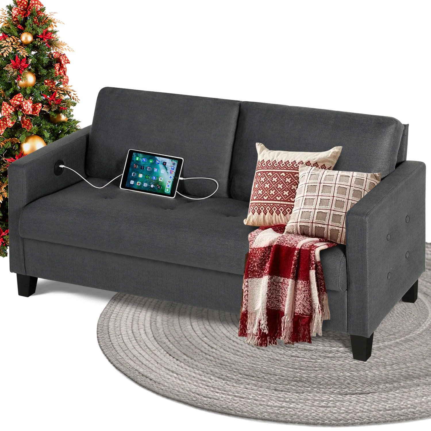 STHOUYN Comfy Loveseat Sofa Small Grey Couch Small Spaces, Small Love Seat Bedroom, Mid Century Modern Couches Living Room Dorm Office, 2 Seater Couch Deep Seat Sofas, 57”W (Dark Grey (Loveseat))