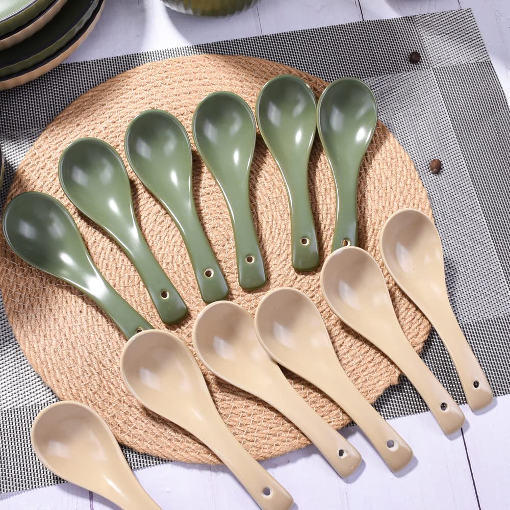 Ceramic Soup Spoons Set of 6 Nordic Style Small Spoon for Ramen Pho Dessert Ice Cream Wonton Beige