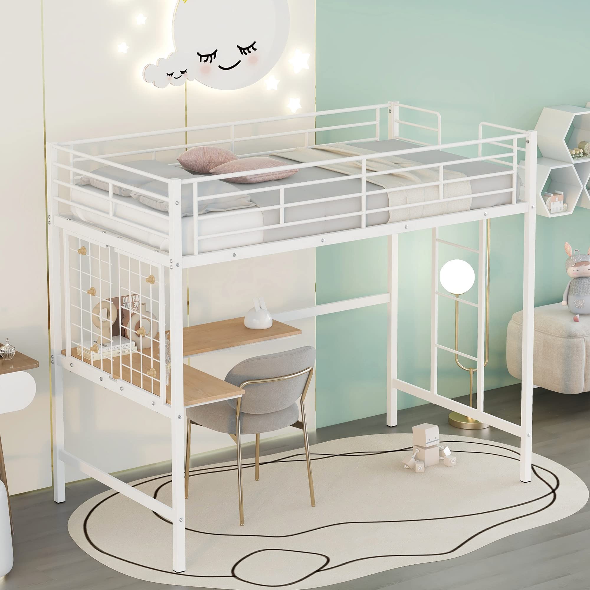 Harper & Bright Designs Twin Size Metal Loft Bed Frame, Loft Bed with L-Shape Desk and Metal Grid, Space Saving Loft Bed with Desk Underneath for Kids,Teens,White