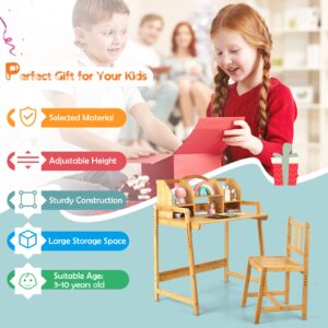 Costzon Kids Desk and Chair Set, Height Adjustable Bamboo Desk with Storage Hutch, Student Writing Computer Workstation for Bedroom, School, Children Study Table and Chair Set for Girls Boys Ages 3+