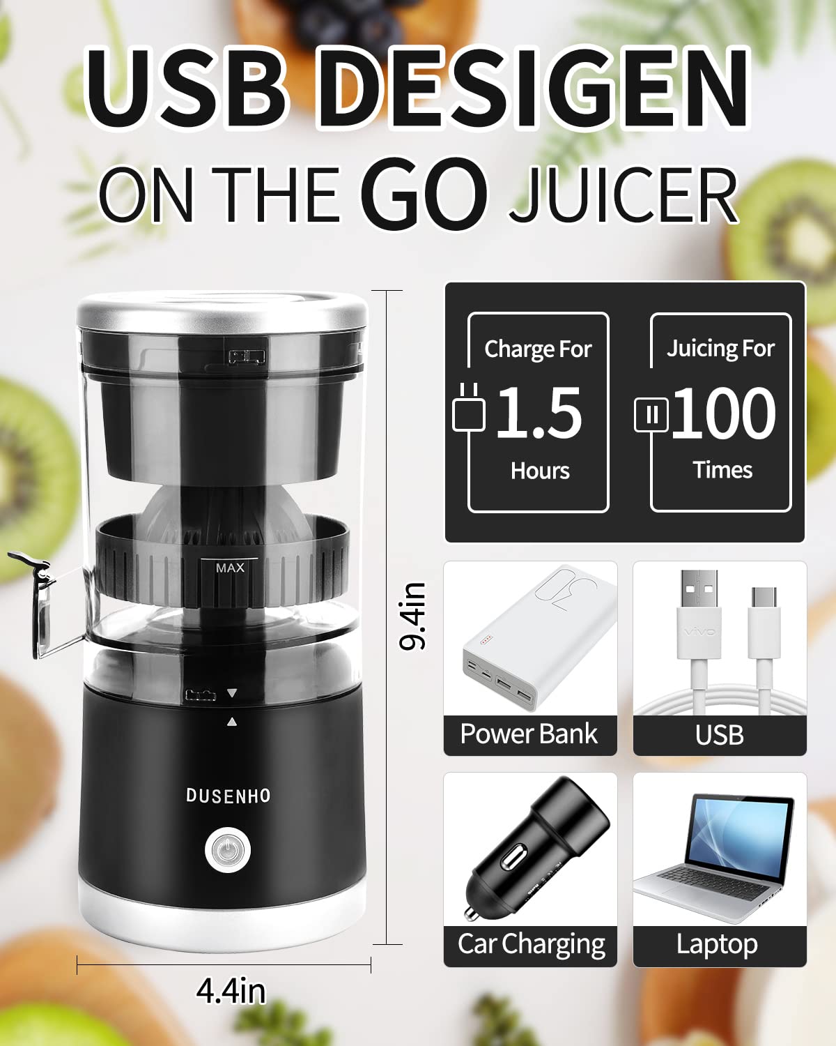 Citrus Juicer Machines Rechargeable - Portable Juicer with USB and Cleaning Brush for Orange, Lemon, Grapefruit（Update）