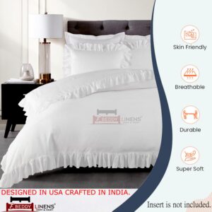 eBeddy Linens Ruffle White Solid Duvet Cover Set Super King 98x108 Size Egyptian Cotton Luxury Soft & Breathable Comforter Cover with Hidden Zipper Closer & Corner Ties Durable and Fade Resistant