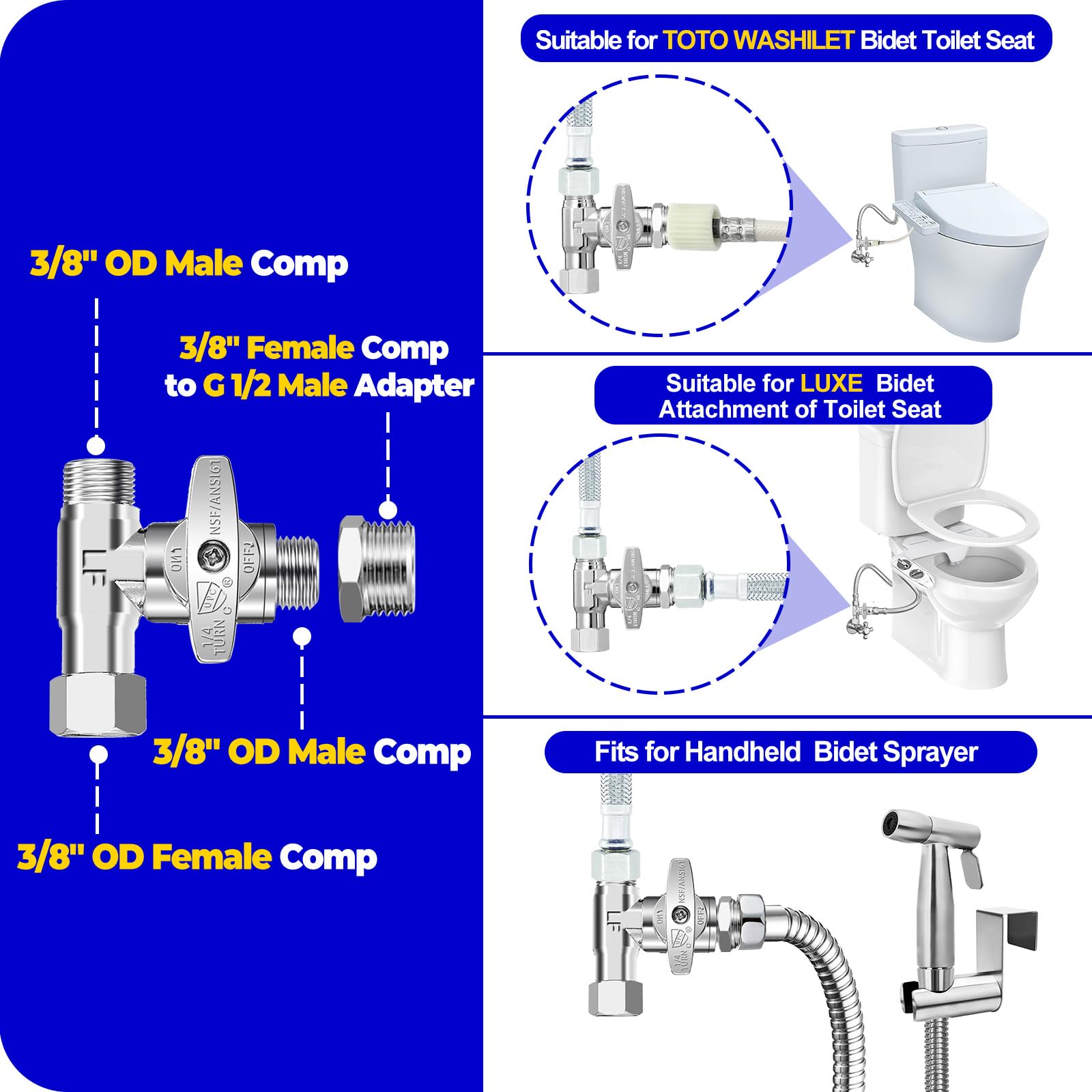 Tee Stop Valve - Lead-Free Add-A-Tee Valve 3/8"x3/8"x3/8" or 1/2",1/4 Turn Brass Tee Connector with Built-in Sealing Gasket for Bidet Sprayer,Second Faucet,Glass Rinser,Dishwasher,Toilet Tank.