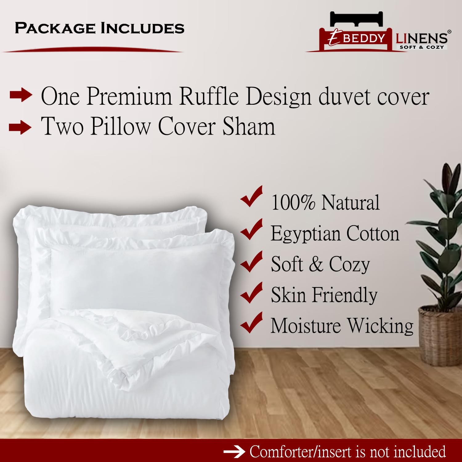 eBeddy Linens Ruffle White Solid Duvet Cover Set Super King 98x108 Size Egyptian Cotton Luxury Soft & Breathable Comforter Cover with Hidden Zipper Closer & Corner Ties Durable and Fade Resistant