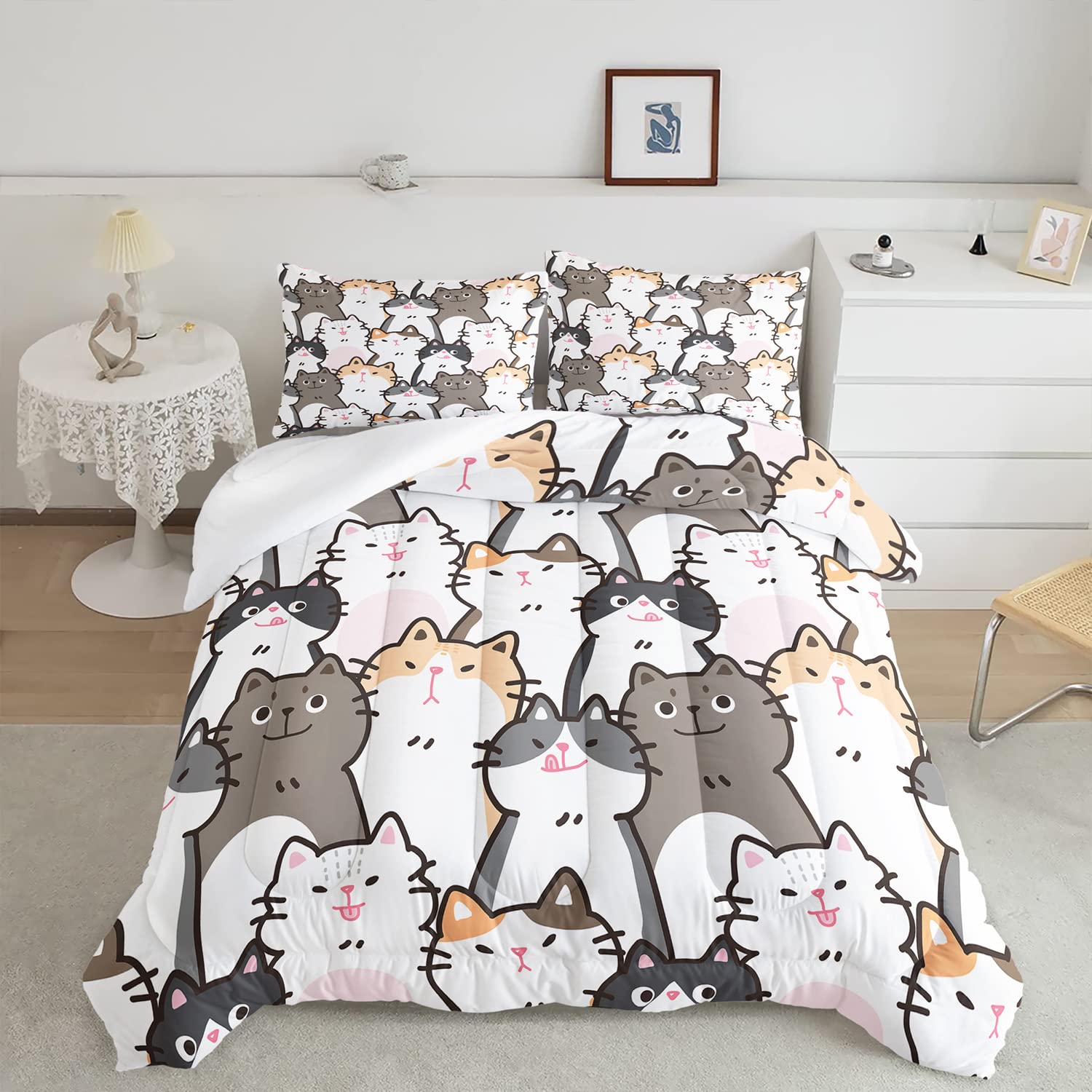 CVHOUSE Cat Bedding,Cartoon Cat Comforter Twin,Animals Print Comforter Set for Kids,Kawaii Quilt Set with 1 Comforter and 2 Pillow Cases