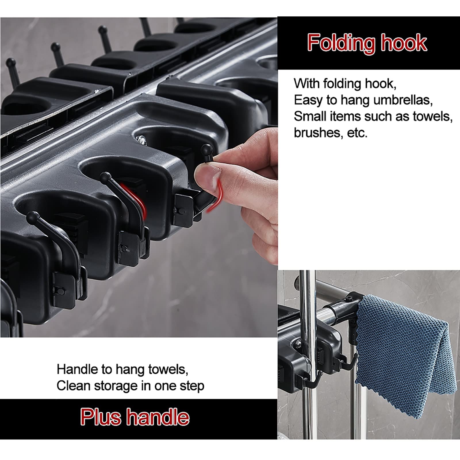 WXZX Mop and Broom Holder, Movable Broom Organizer Storage Tool Racks, Put Wet Mops Floor Standing Cleaning Tool Rack Stainless, Heavy Duty Hooks for Home Kitchen Garden Laundry Garage