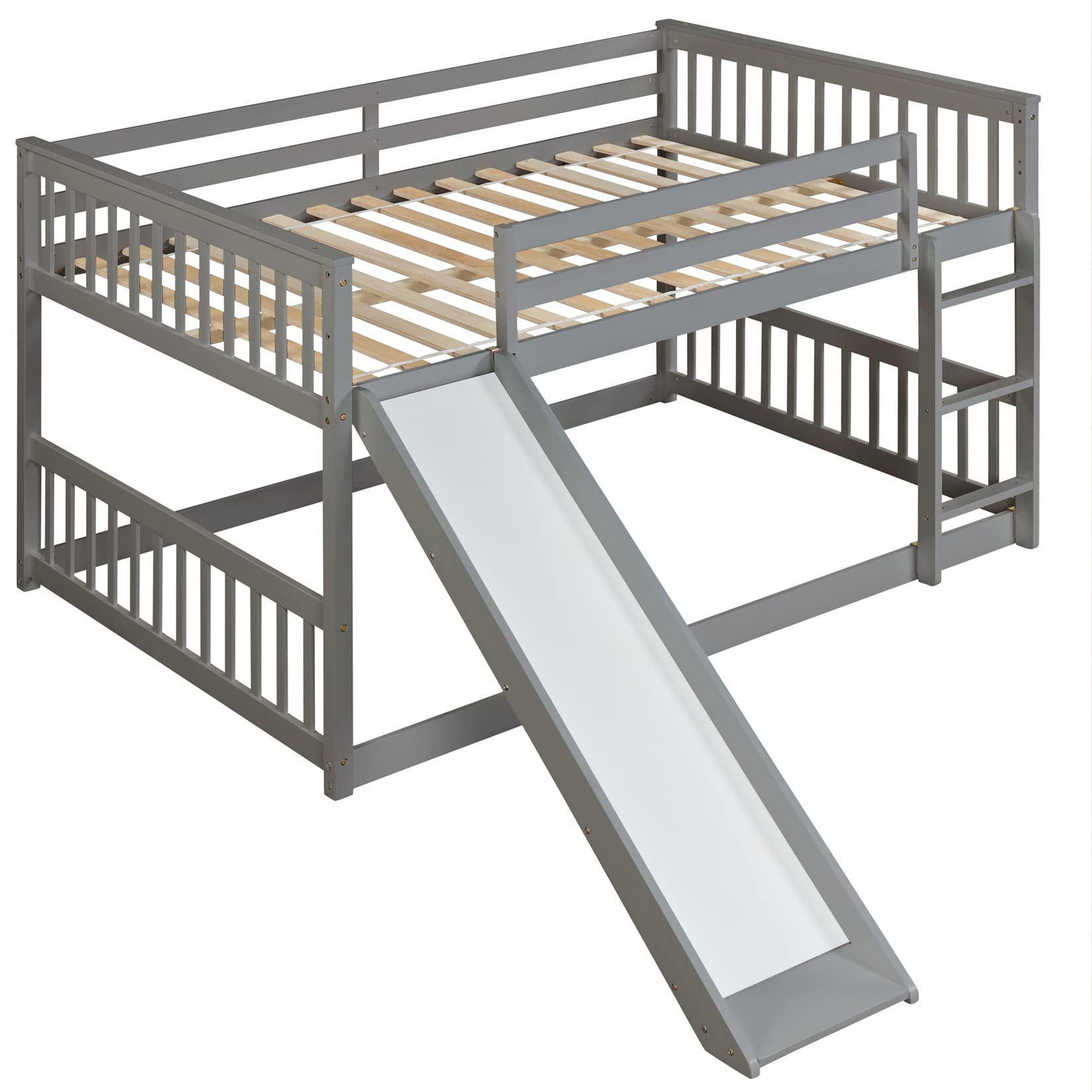 Bellemave Full Over Full Low Bunk Bed with Slide Wood Floor Bunk Beds with Ladder for Kids Boys Girls Teens, Gray