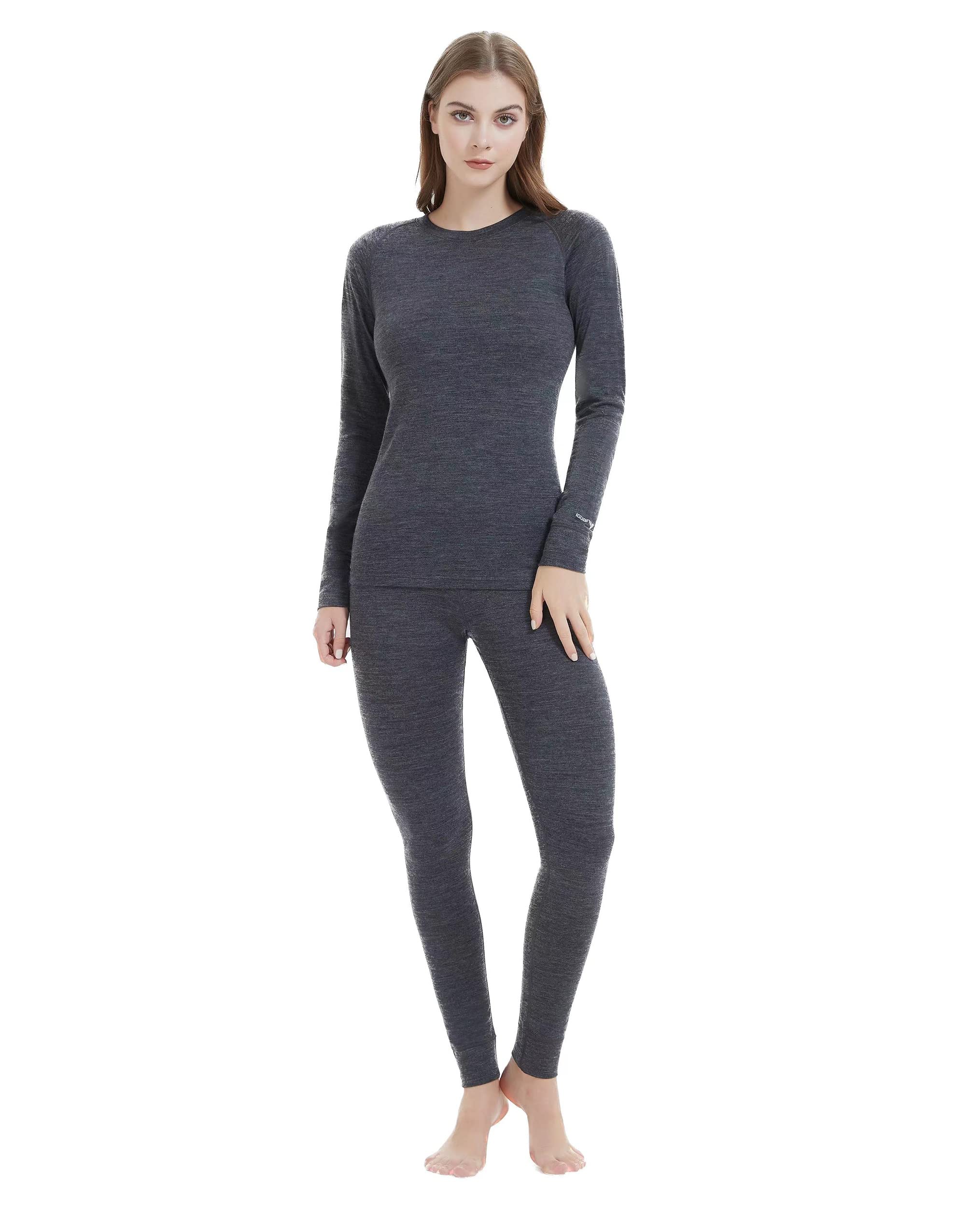 Iguana Womens 100% Merino Wool Base Layer Sets for Ski Lightweight Thermal Underwear Heather Grey