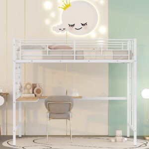 Harper & Bright Designs Twin Size Metal Loft Bed Frame, Loft Bed with L-Shape Desk and Metal Grid, Space Saving Loft Bed with Desk Underneath for Kids,Teens,White