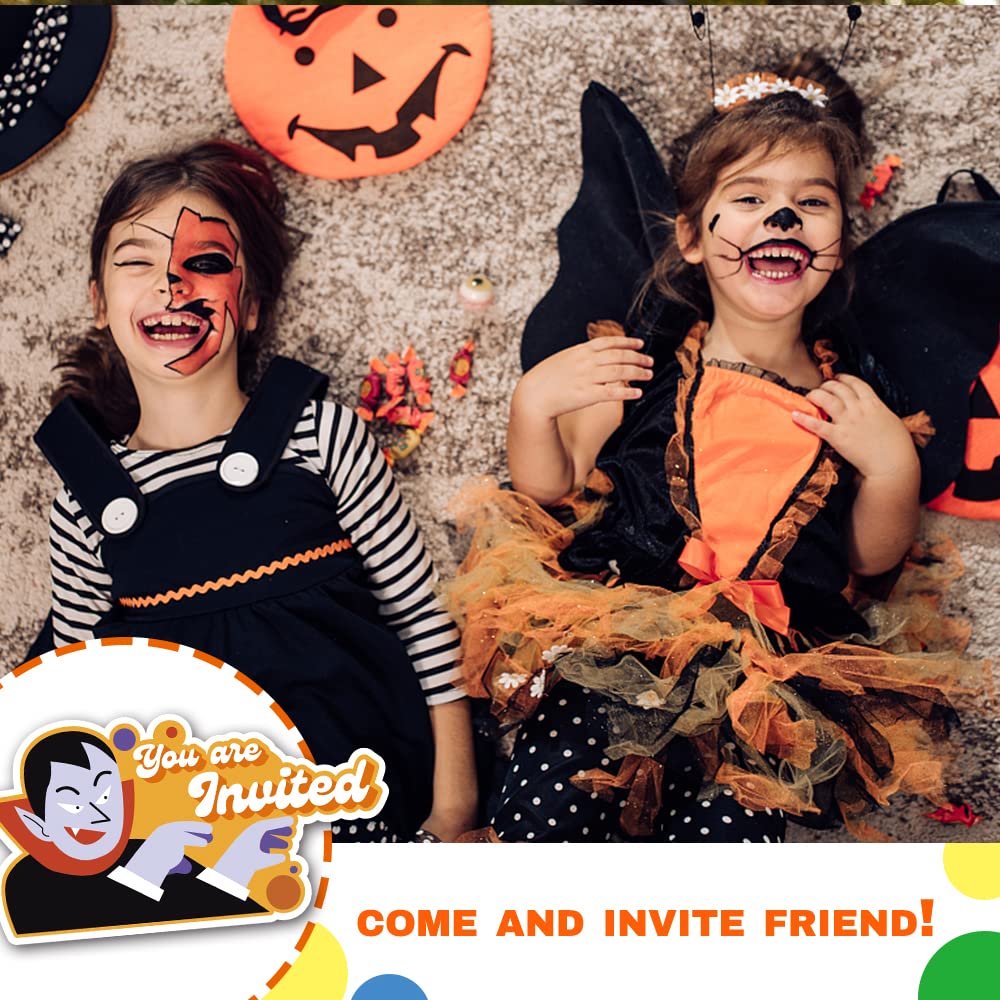 Deluxe Halloween or Costume Party Invitations, 25 Shape Fill-in Cards with Envelopes, Pumpkin, Ghost, Monster, Cute Trick or Treat, Box or Treat for Kids Birthday or Adult party - 4"X6" (JRM376)