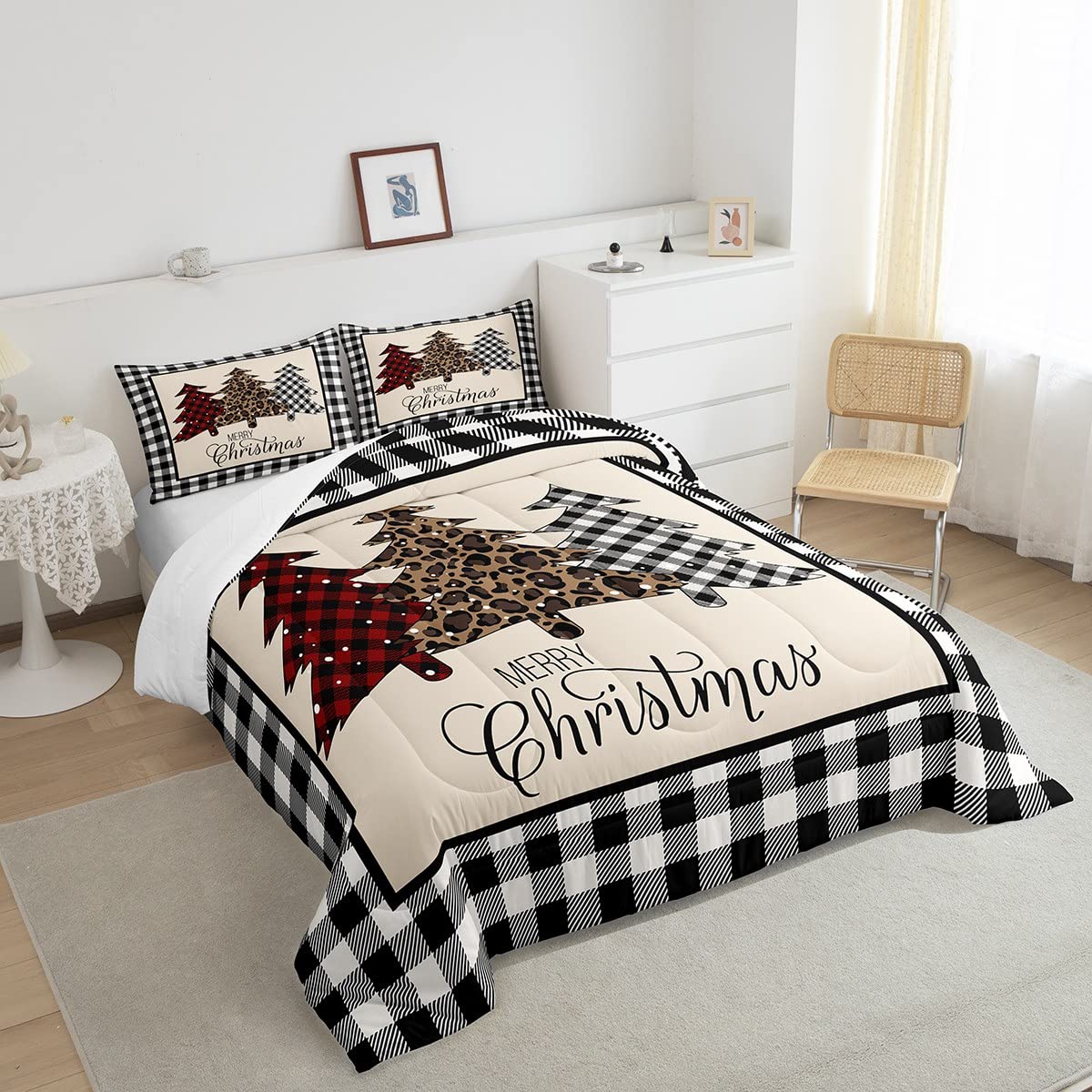 Merry Christmas Kids Comforter Set Queen Size,Xmas Tree Rustic Bedding Set,Girls Boys Adults Bedroom Decor,Geometric Grid Patchwork Down Comforter,Black White Stylish Duvet Insert,3pcs,2 Pillowcases