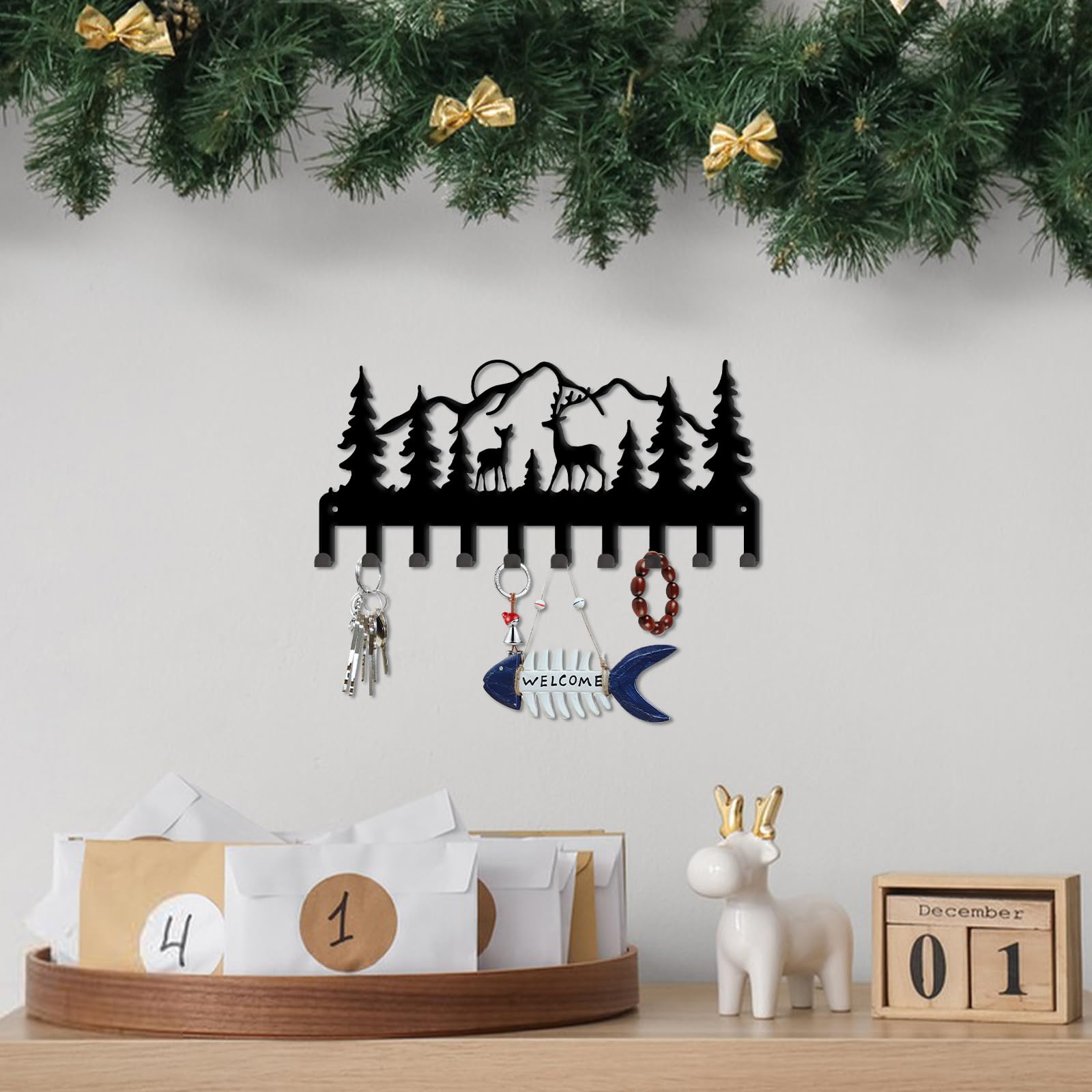 SUPERDANT Elk Key Holder Mountain Decoratice Key Hook 10 Hooks Trees Wall Mounted Key Rack Hanger Organizer Black Iron Home Decor for Christmas Bag Clothes Key Towel Hanging Wall Decoration