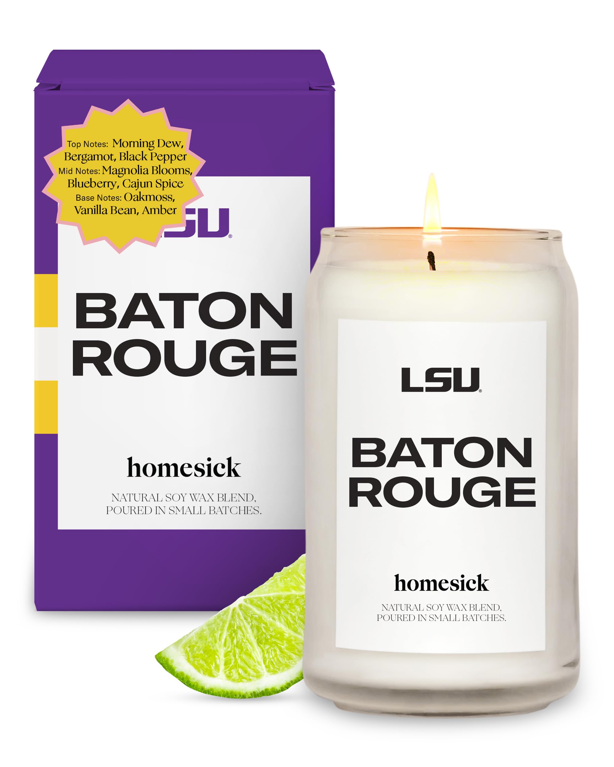 Homesick Scented Candles for Home (Louisiana State University, Baton Rouge) - 13.75 oz Long-Lasting Soy Wax Jar Candle, 60-80 Hours Burn Time - Notes of Morning Dew, Bergamot & Black Pepper