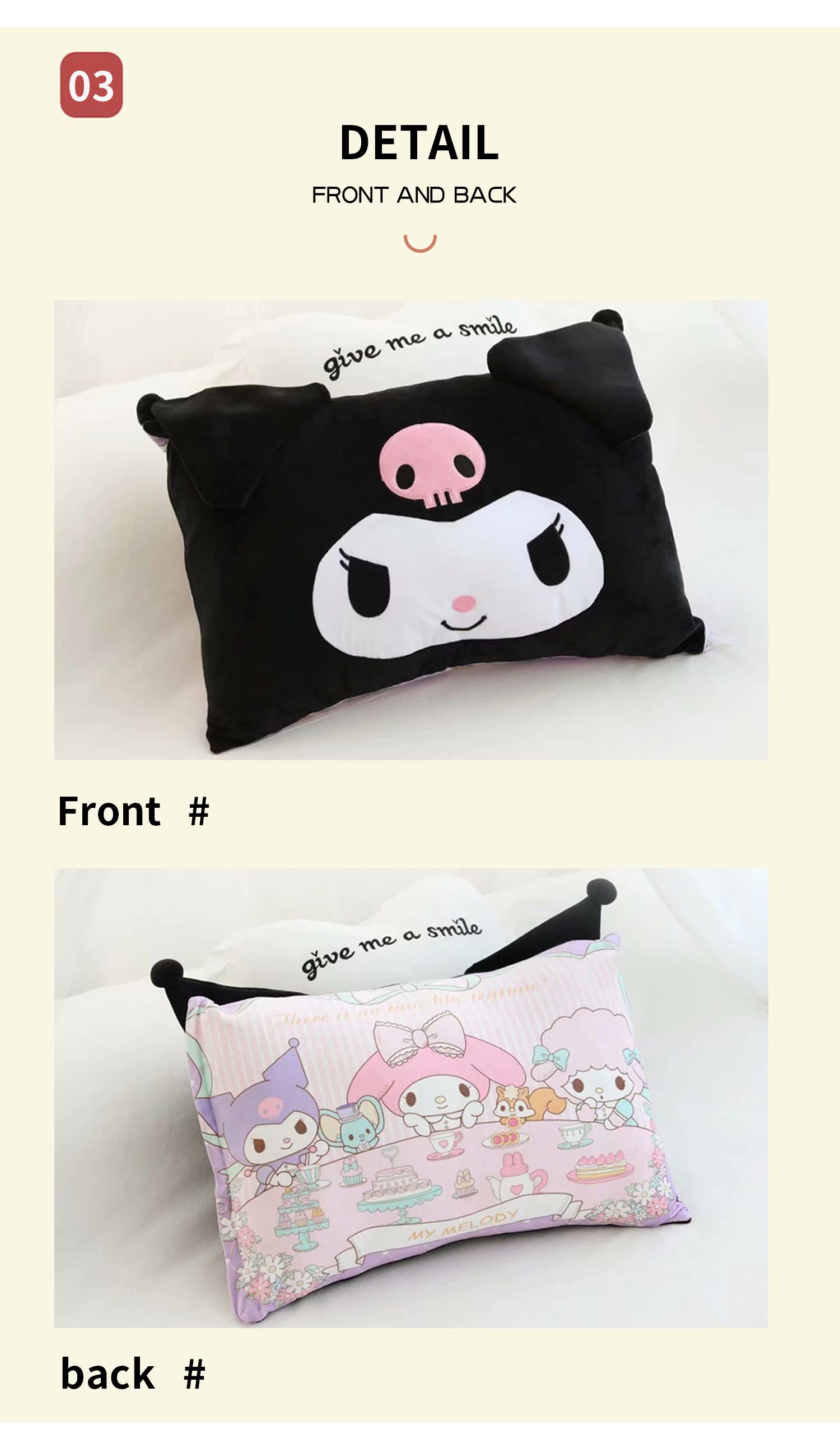 Cartoon Cute Pillowcase Anime Double Sided Plush Pillowcase Girl Bedroom Decoration Cute Cotton Pillowcase + Cute Cartoon Hairpin (Black+Pink)