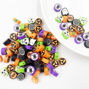 100 Pcs Halloween Handmade Polymer Clay Beads, 10mm Ghost Pumpkin Spider Polymer Clay Spacer Beads for Women Jewelry Making DIY Charms Bracelet Necklace Hair Clip Accessories Handmade Craft