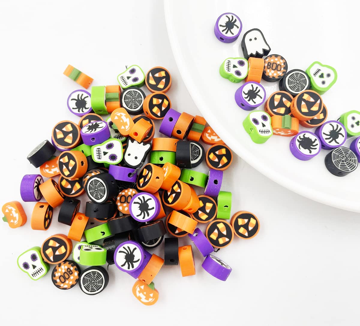 100 Pcs Halloween Handmade Polymer Clay Beads, 10mm Ghost Pumpkin Spider Polymer Clay Spacer Beads for Women Jewelry Making DIY Charms Bracelet Necklace Hair Clip Accessories Handmade Craft