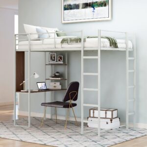 harper & bright designs twin size loft bed with desk, heavy duty metal loft bed twin with shelves, twin metal loft bed frame for kids,teens, no box spring needed,silver