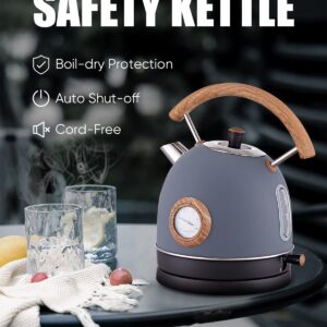 Retro Electric Kettle, 1.7L / 1500W Electric Tea Kettles for Boiling Water, Wood Pattern Handle Blue Stainless Steel Hot Water Boiler with Temperature Display, Auto Shut-off Boil-Dry Protection