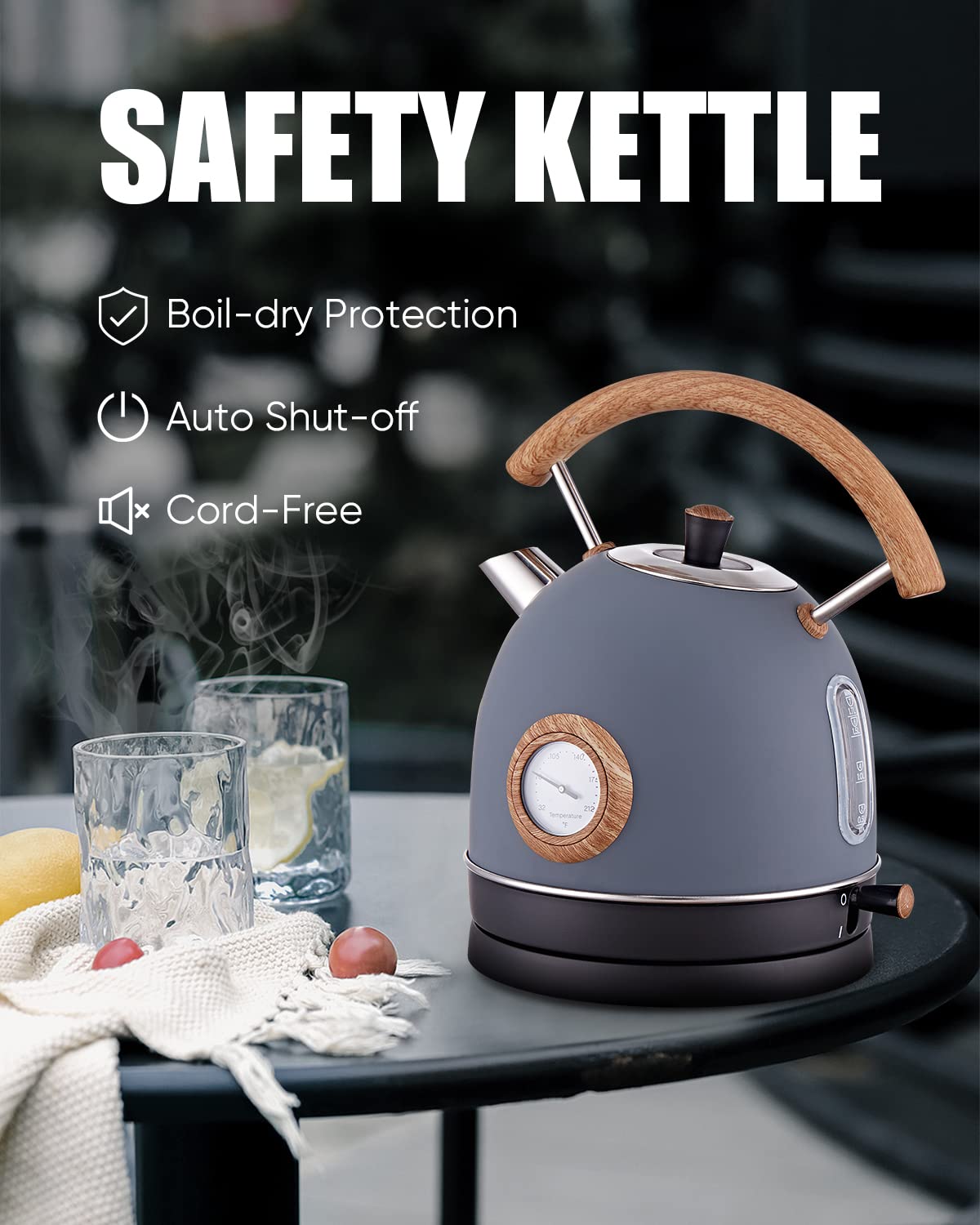 Retro Electric Kettle, 1.7L / 1500W Electric Tea Kettles for Boiling Water, Wood Pattern Handle Blue Stainless Steel Hot Water Boiler with Temperature Display, Auto Shut-off Boil-Dry Protection