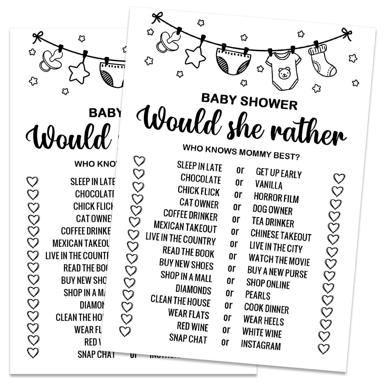 Baby Shower Game Cards, Would She Rather Baby Shower Game, Set of 30 Cards, Rustic Bridal Wedding Shower or Bachelorette Party Game, Baby Shower Ideas