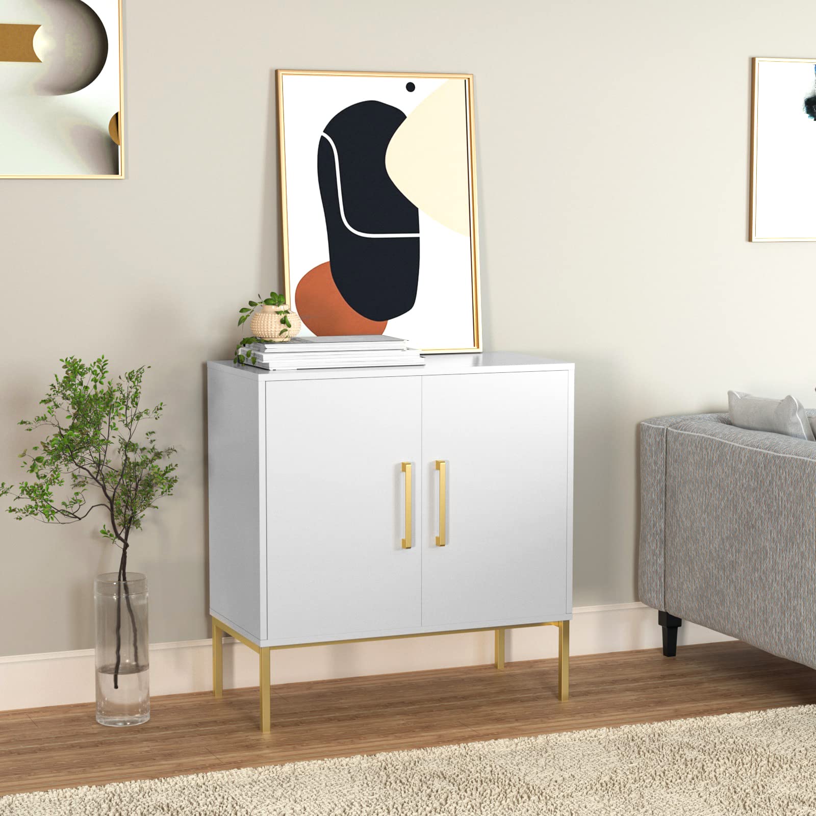 JOZZBY Buffet Sideboard Cabinet with Storage, Modern Wooden Free Standing Cabinet with Adjustable Shelves, White and Gold Cabinets for Living Room, Kitchen, Hallway